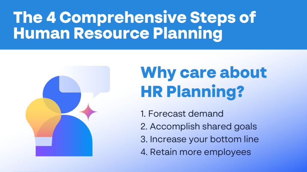 Why care about HR planning? Forecast demand. Accomplish shared goals. Increase your bottom line. Retain employees.